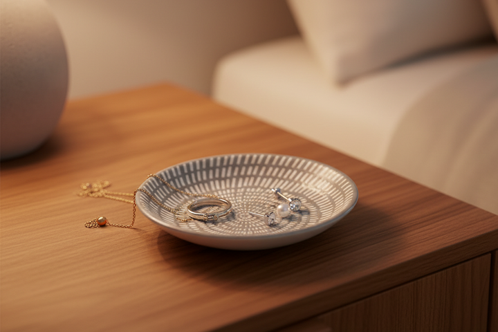 Small Porcelain Dash Round Trinket Dish - Grey