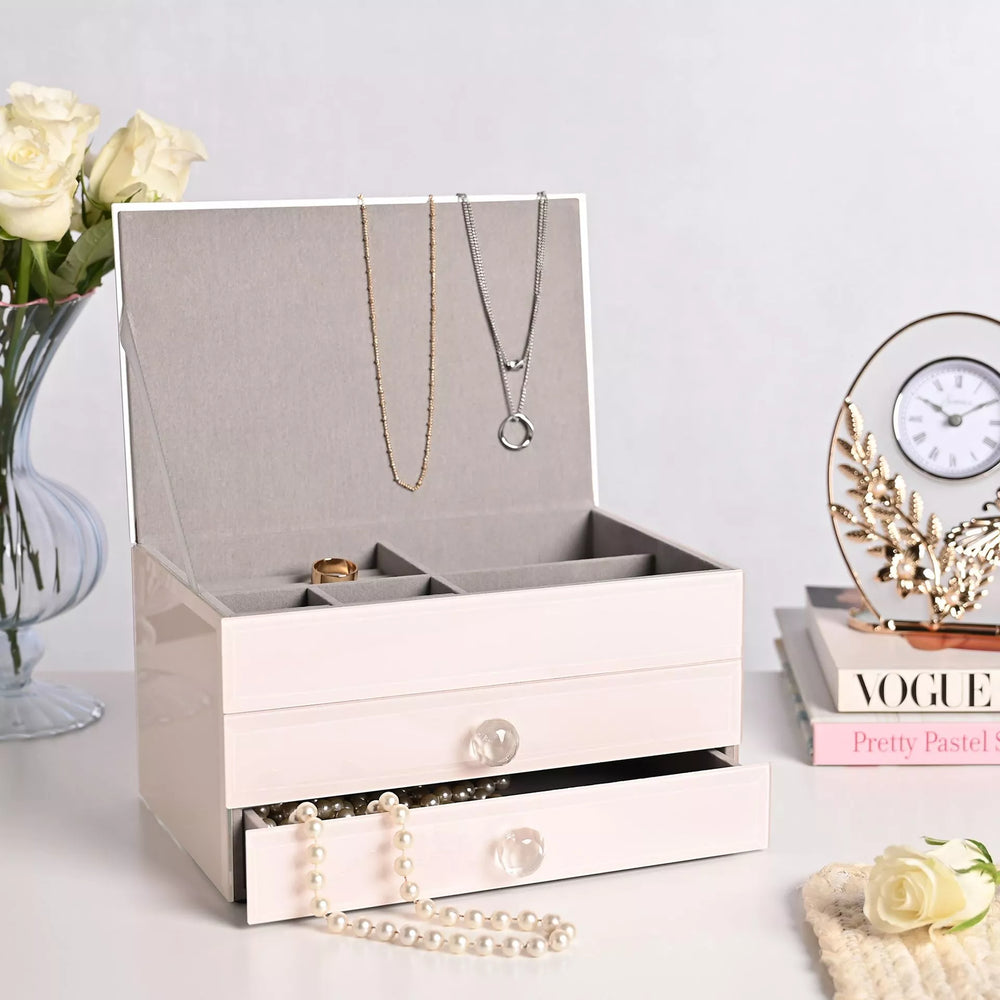 Sophia Classic Nude glass jewelry storage drawers by Widdop & Co, with multiple compartments for organizing jewelry.