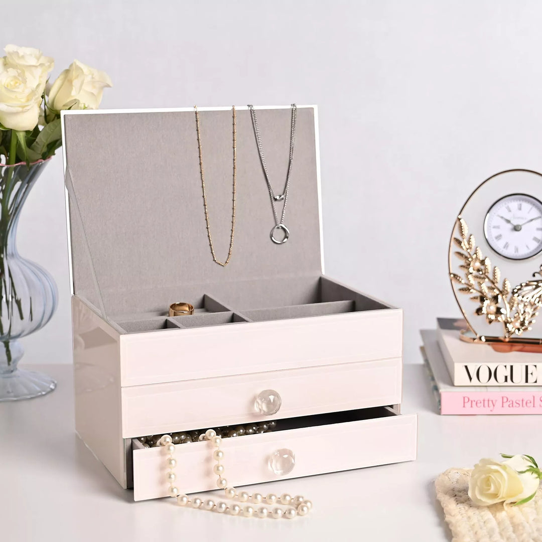 Sophia Classic Nude glass jewelry storage drawers by Widdop &amp; Co, with multiple compartments for organizing jewelry.