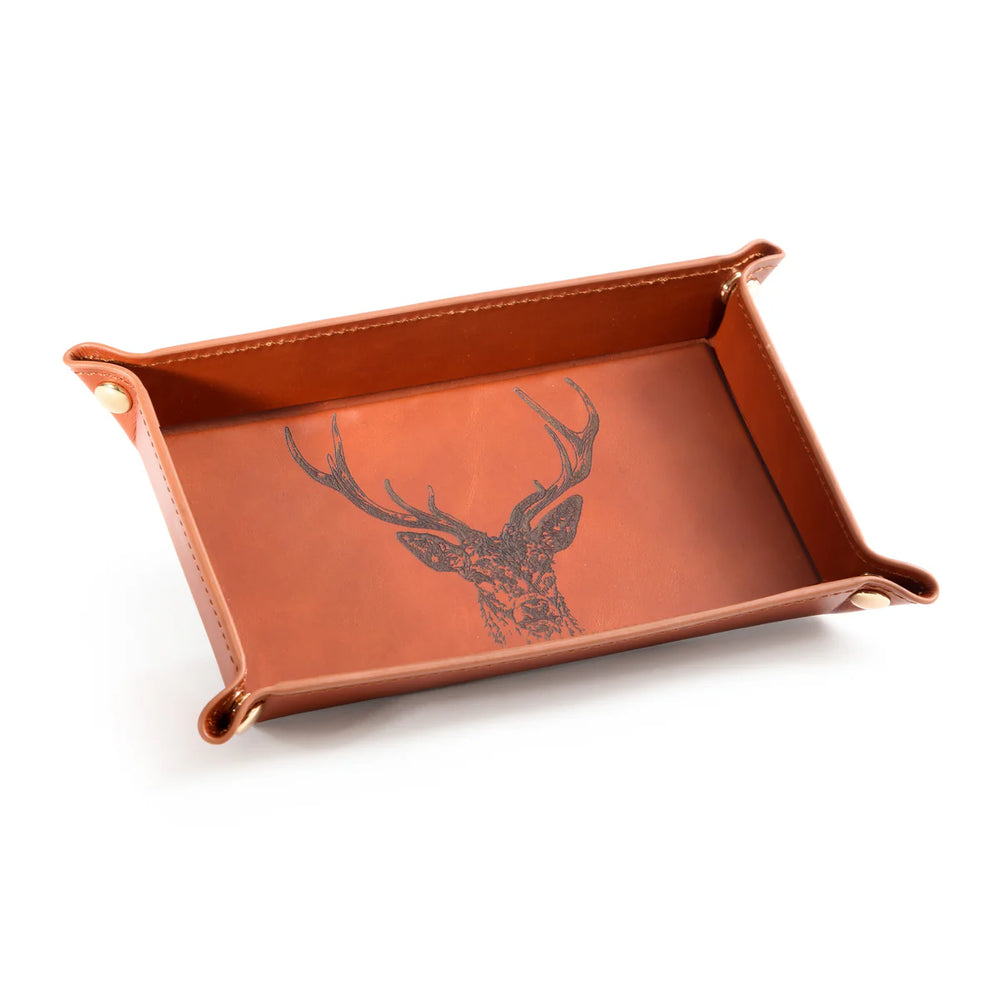 Selbrae House leather stag engraved trinket tray featuring a detailed stag design, perfect for organizing small accessories.