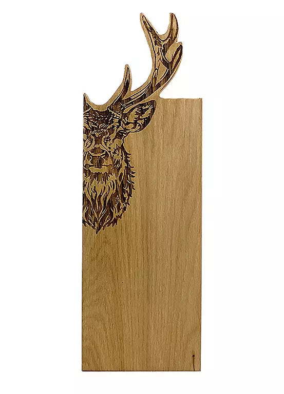 Selbrae House stag-themed medium oak serving board with engraved stag design, perfect for serving cheeses and snacks.