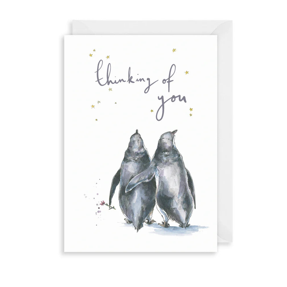 Thinking of You Penguins art print by Cornucopia Home and Gift from The Art File, featuring adorable penguins on a heartfelt design.