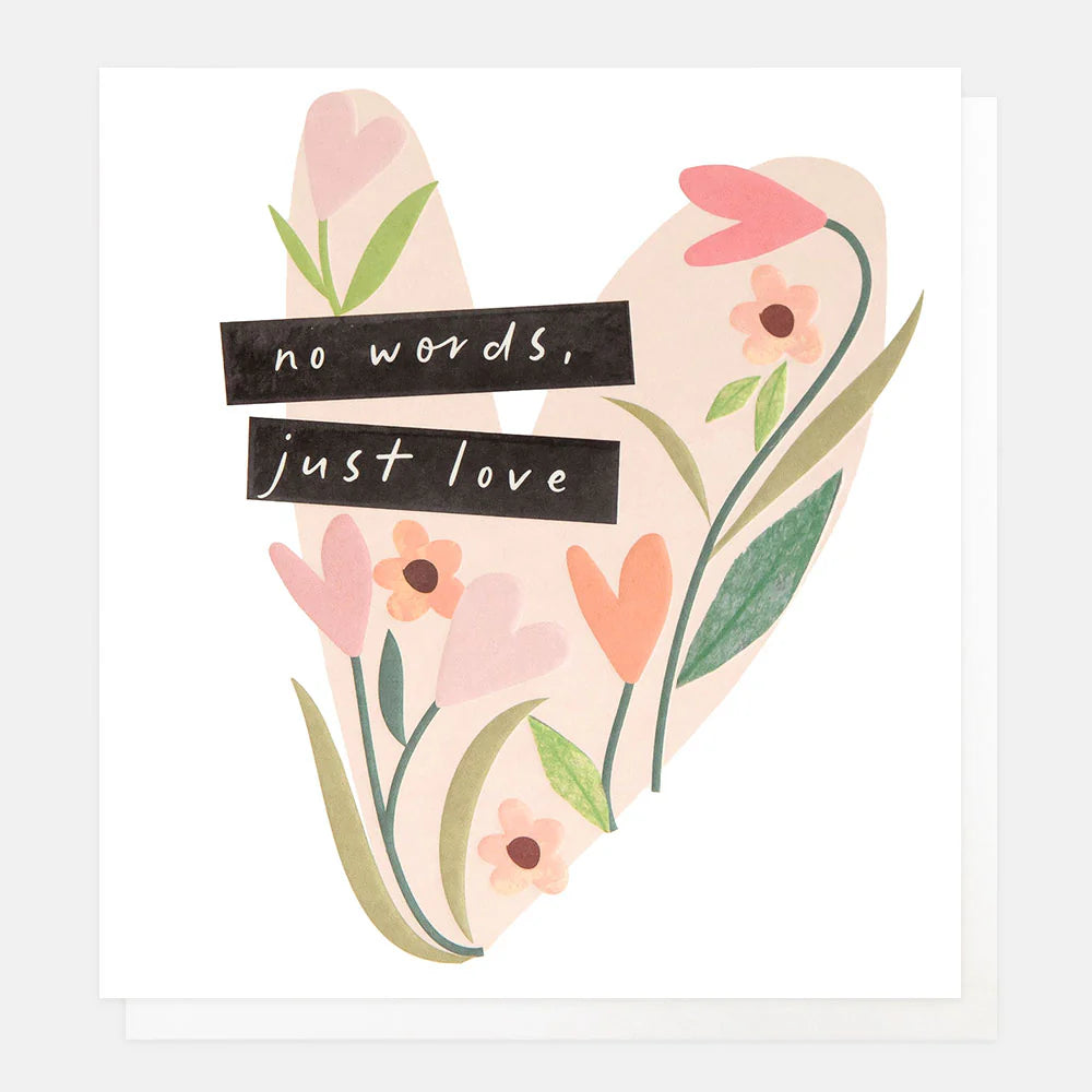 Caroline Gardner No Words Just Love floral collage heart, colorful design, on a white background.