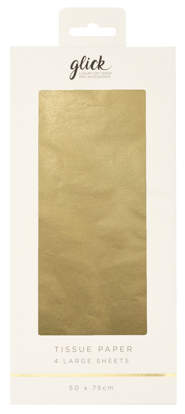 Glick plain gold tissue paper from Cornucopia Home and Gift, showing smooth, gold-colored tissue sheets for gift wrapping.