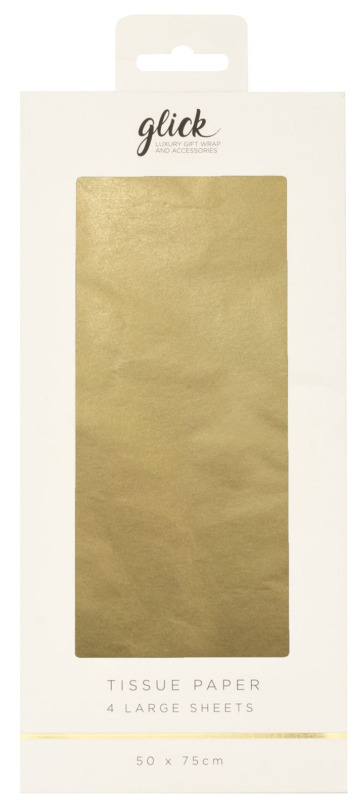 Glick plain gold tissue paper from Cornucopia Home and Gift, showing smooth, gold-colored tissue sheets for gift wrapping.