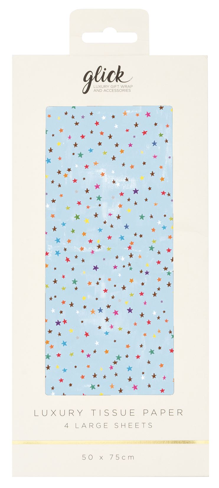 Blue Stars tissue paper by Glick from Cornucopia Worcester, featuring a vibrant star pattern, suitable for gift wrapping or crafts.