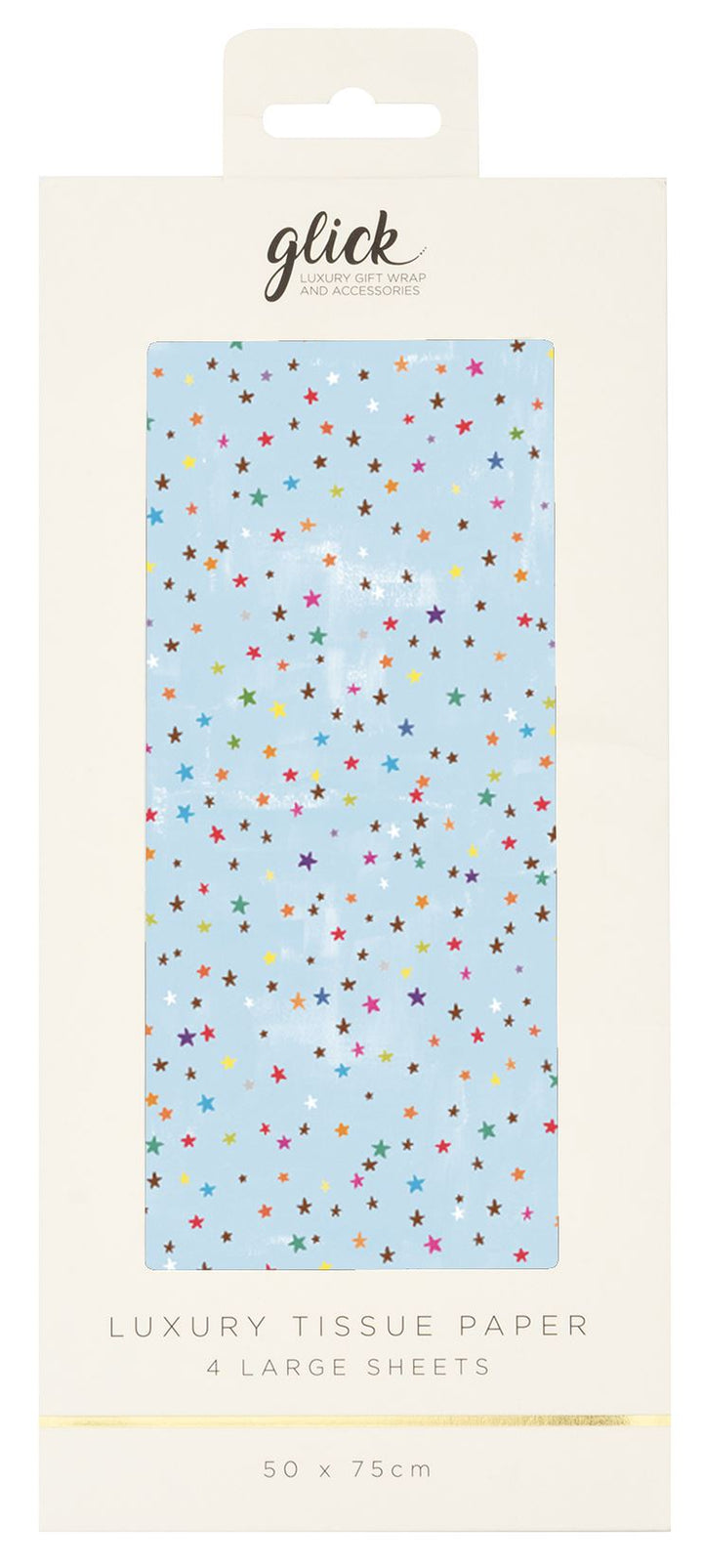 Blue Stars tissue paper by Glick from Cornucopia Worcester, featuring a vibrant star pattern, suitable for gift wrapping or crafts.