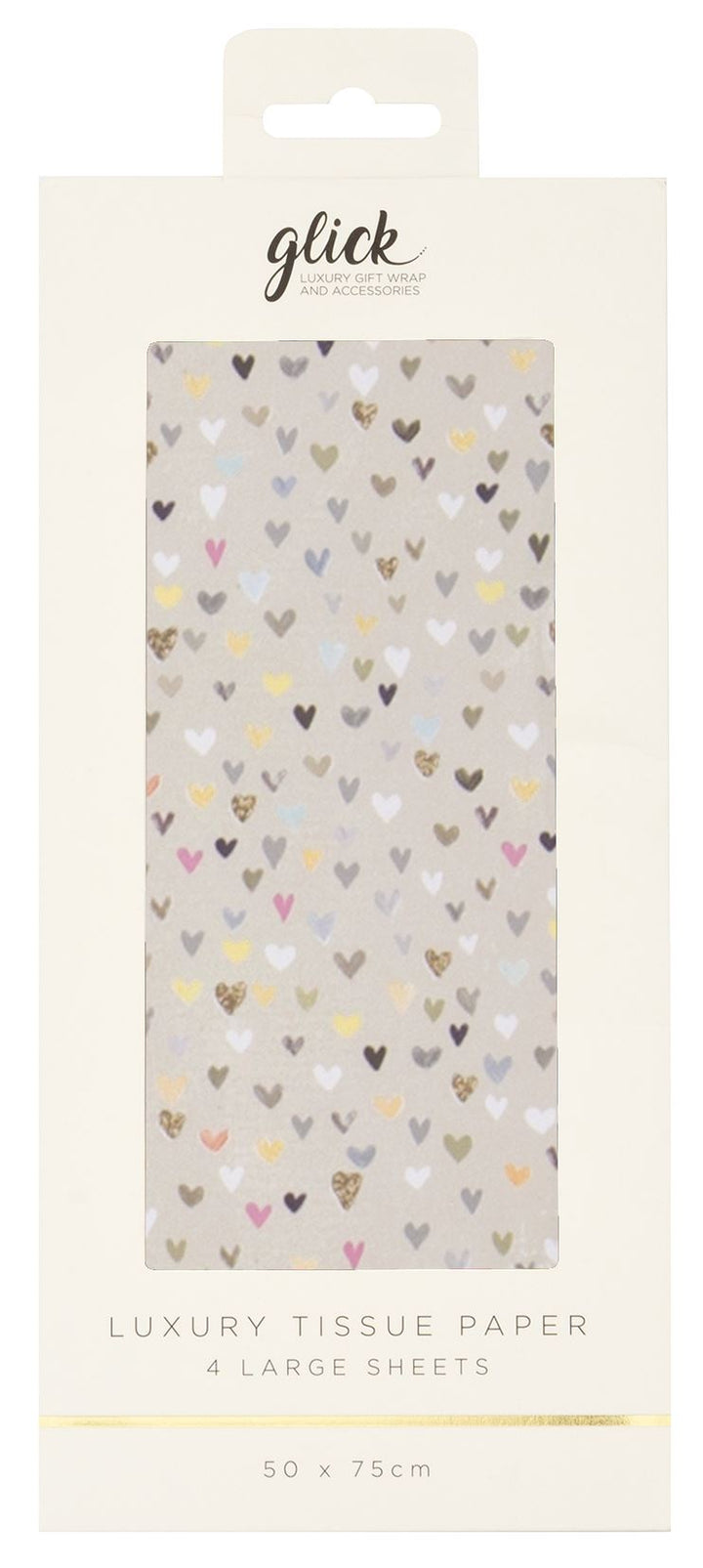Glick Hearts Tissue Paper by Cornucopia Home and Gift, pink and white decorative tissue paper with heart patterns.