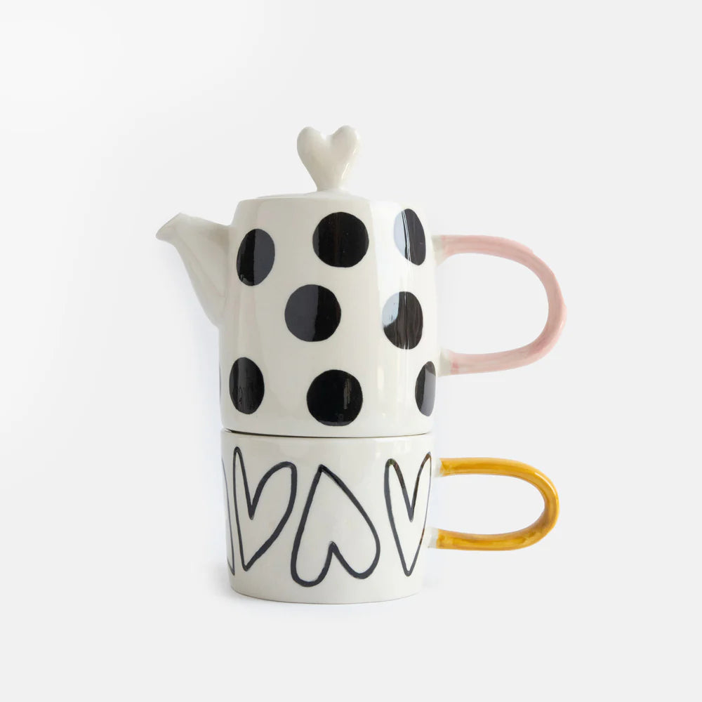 Caroline Gardner Spot and Heart Tea for One boxed teapot and cup set with colorful floral design, perfect for tea drinking.