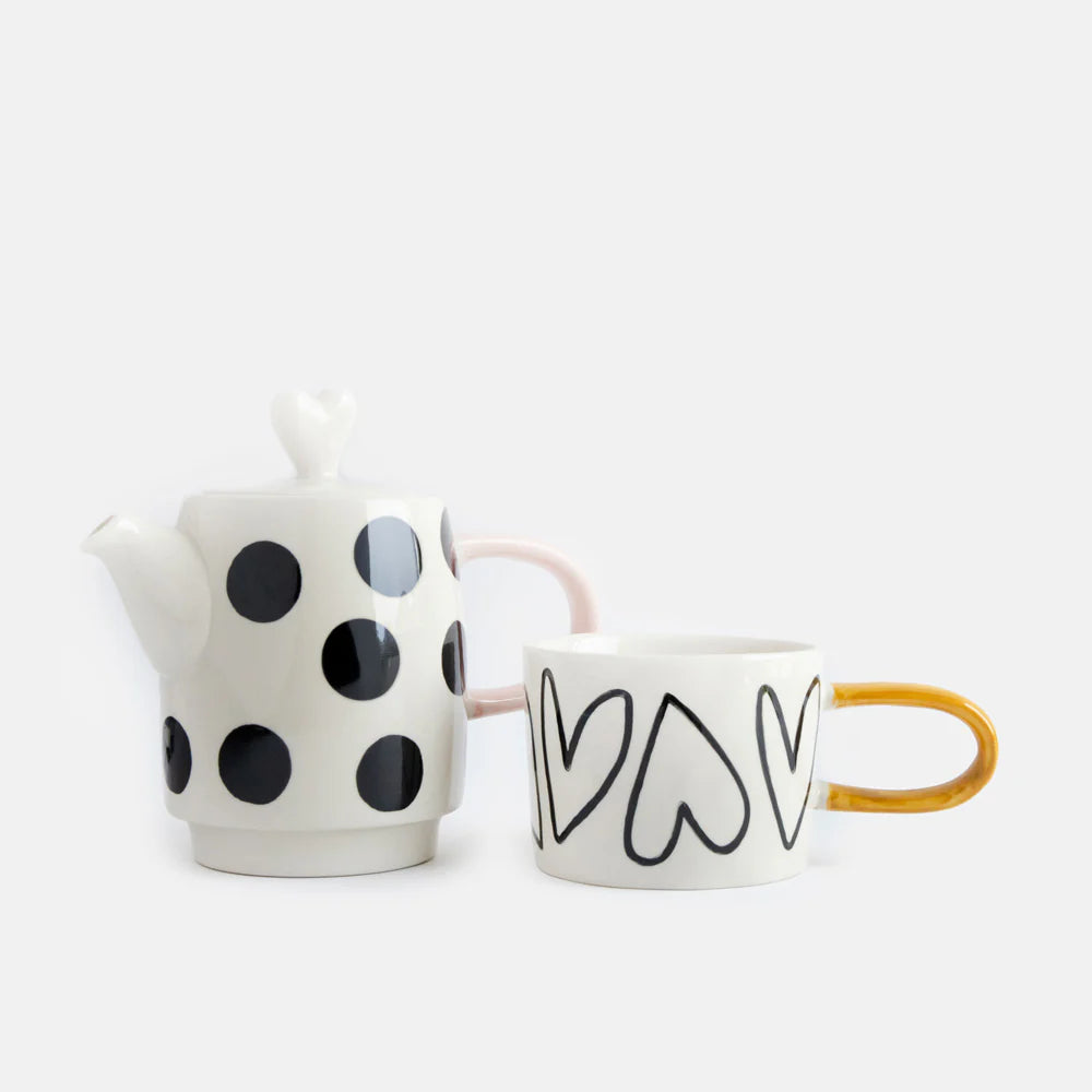Caroline Gardner Spot and Heart Tea for One boxed teapot and cup set with colorful patterns, perfect for gift-giving.
