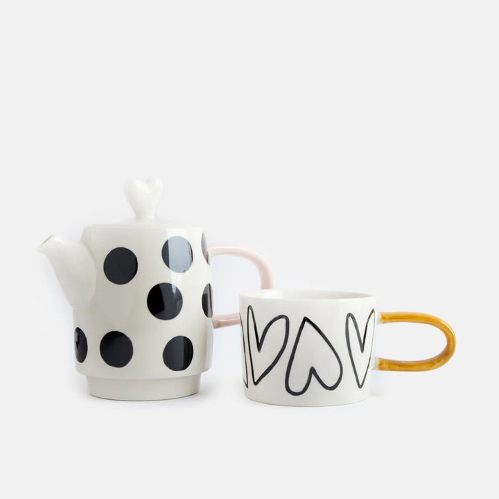 Caroline Gardner Spot and Heart Tea for One boxed teapot and cup set with colorful patterns, perfect for gift-giving.