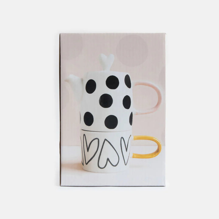 Caroline Gardner spot and heart tea for one boxed teapot and cup set with decorative pattern and matching lid, perfect for tea drinking.