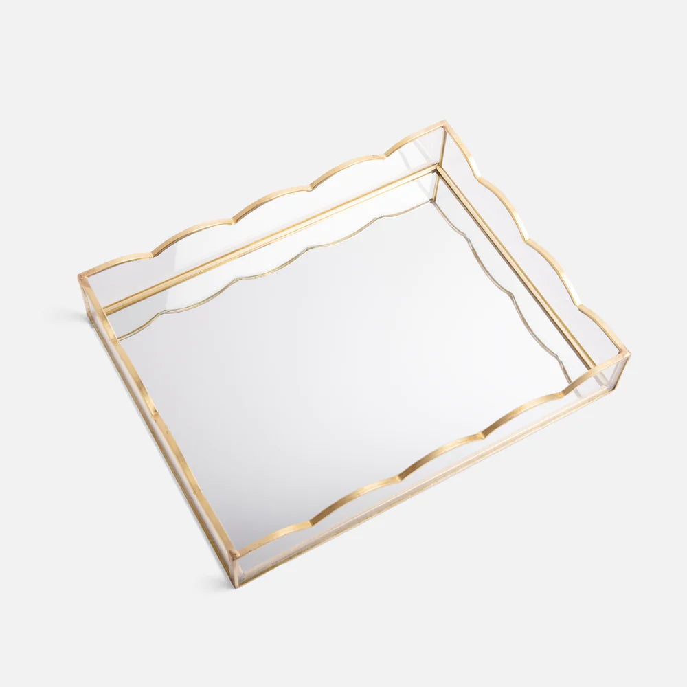 Caroline Gardner gold and glass scalloped storage tray, decorative gift item with elegant scalloped edges and transparent glass surface.
