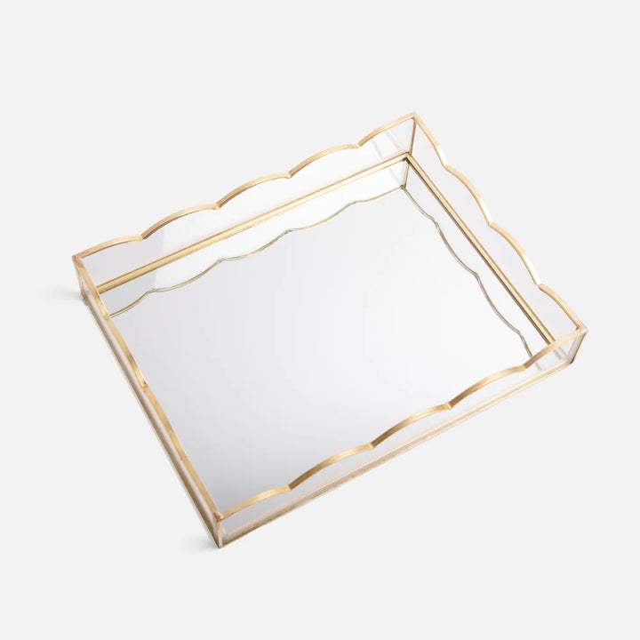 Caroline Gardner gold and glass scalloped storage tray, decorative gift item with elegant scalloped edges and transparent glass surface.