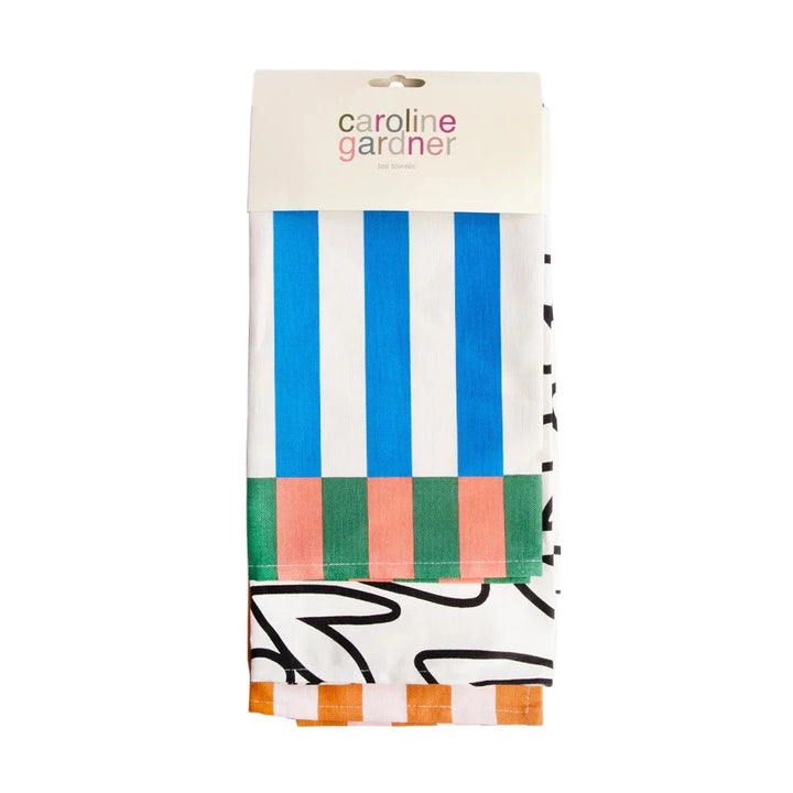 Caroline Gardner multi stripe and mono hearts tea towels set of 2 featuring colorful striped and heart patterns on cotton fabric