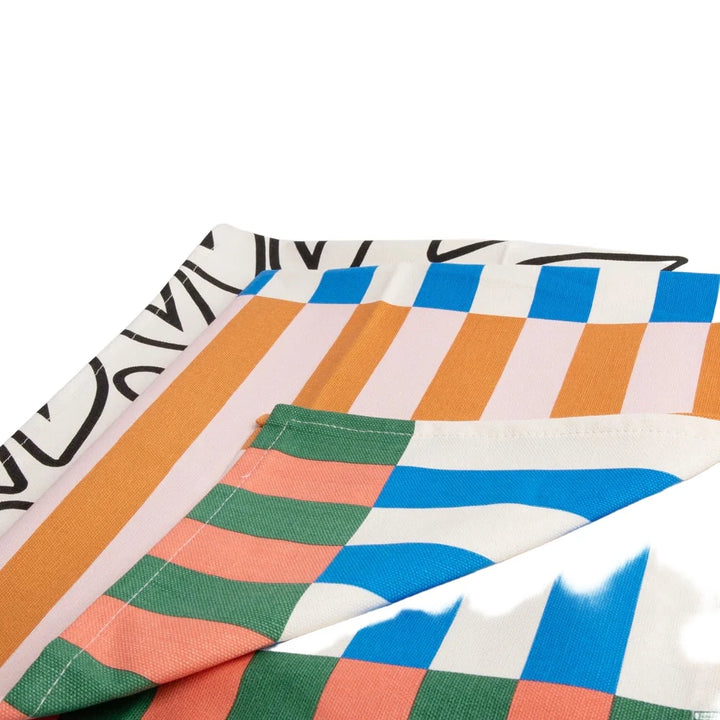 Set of two Caroline Gardner tea towels featuring colorful stripes and mono hearts designs, perfect for kitchen decor.