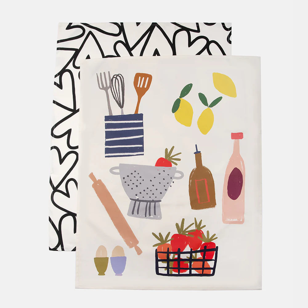 Set of two Caroline Gardner Hearts and Kitchen Tea Towels featuring colorful heart patterns for cheerful kitchen decor.