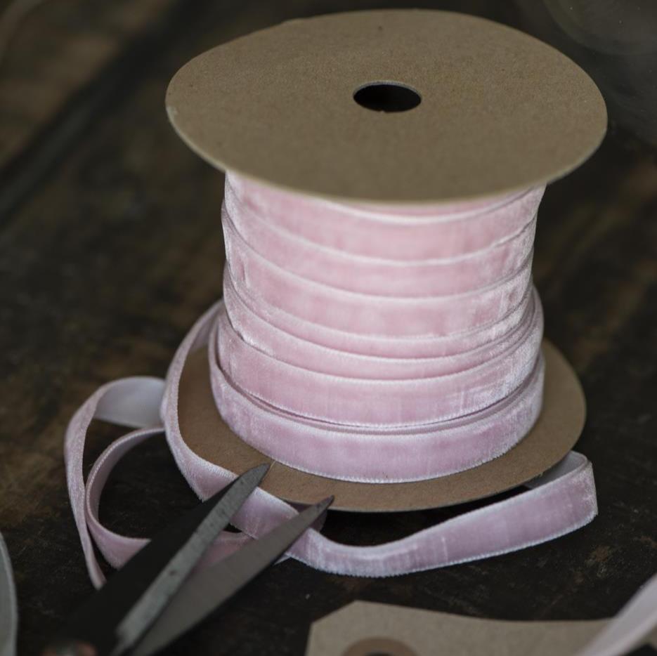 Light pink velvet ribbon, 10 meters, from IB Laursen Christmas collection by Cornucopia Home and Gift, shown in a close-up image.