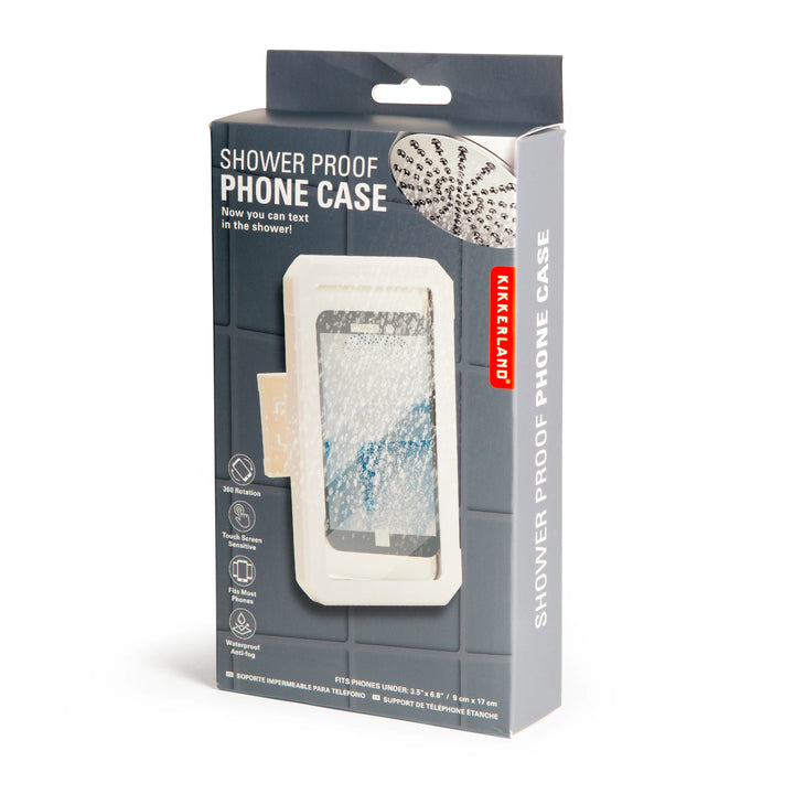 Kikkerland Shower Proof Phone Case in clear plastic, designed to protect smartphones from water during shower use.
