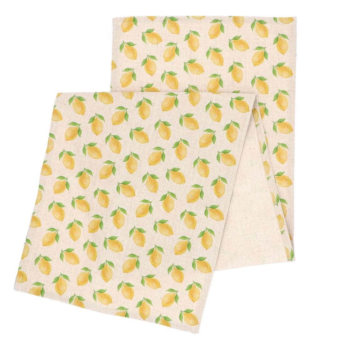 Gisela Graham Easter Lemons table runner with bright lemon pattern on a neutral fabric for spring holiday decor.
