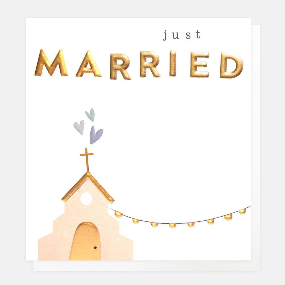 Caroline Gardner Just Married church and bunting wedding card with colorful design, ideal for celebrating a wedding occasion.