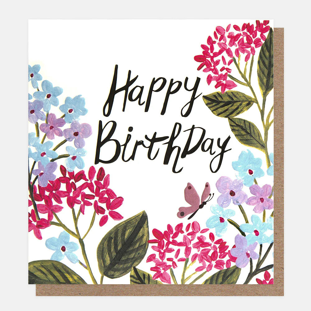 Caroline Gardner Happy Birthday card featuring purple and blue floral design with butterflies, suitable for celebrating special occasions.