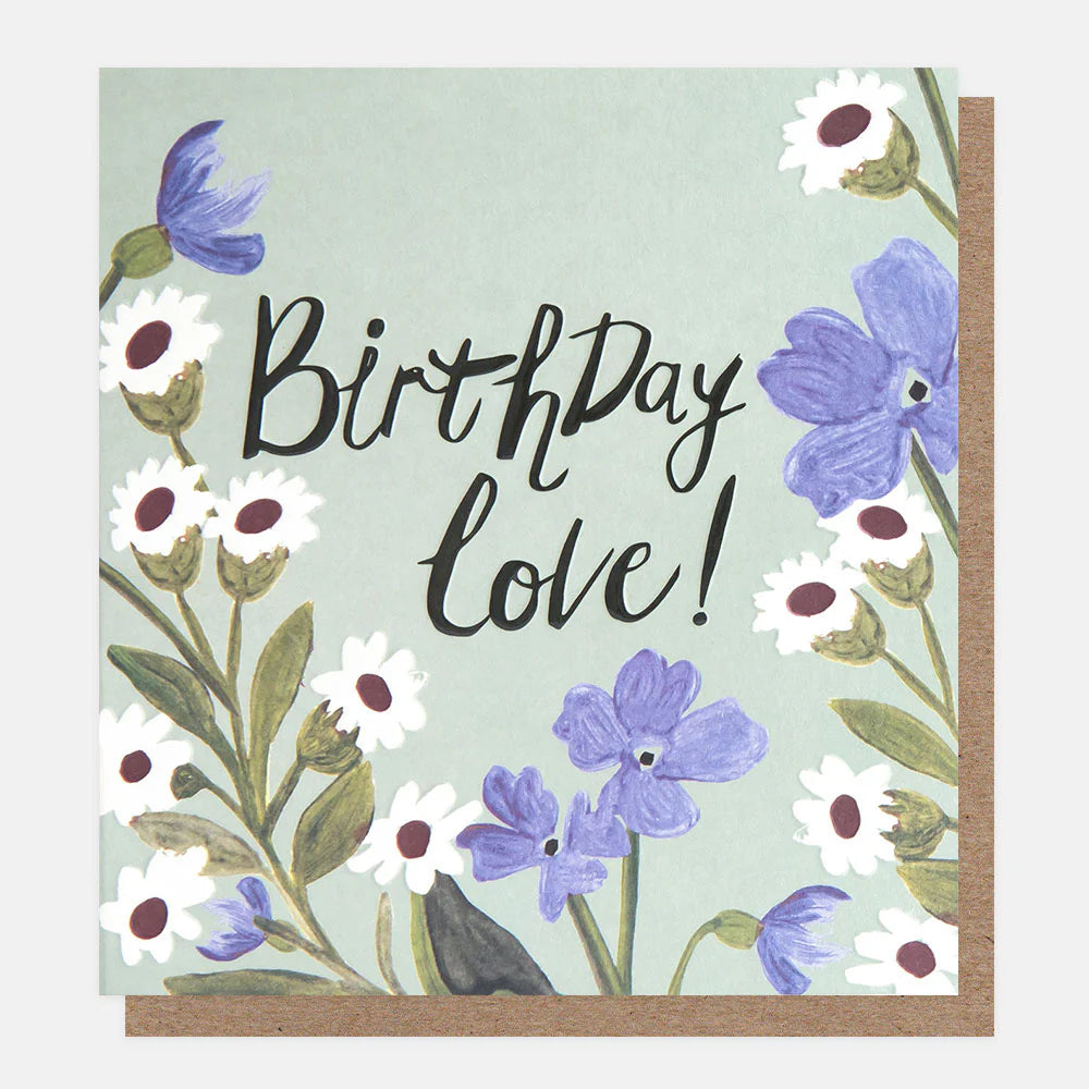 Caroline Gardner birthday card featuring blue and cream floral design with a beetle illustration, from Cornucopia Home and Gift.
