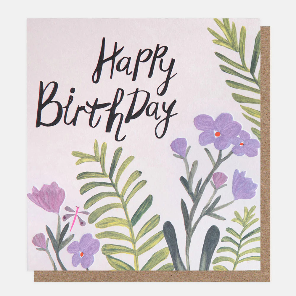 Caroline Gardner Happy Birthday card featuring lilac floral and green sprigs with elegant design for birthday greetings.