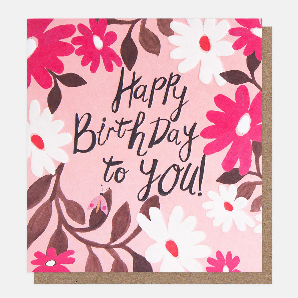 Caroline Gardner Happy Birthday flowers on pink background with a cute bug illustration, perfect for birthday celebration decor.