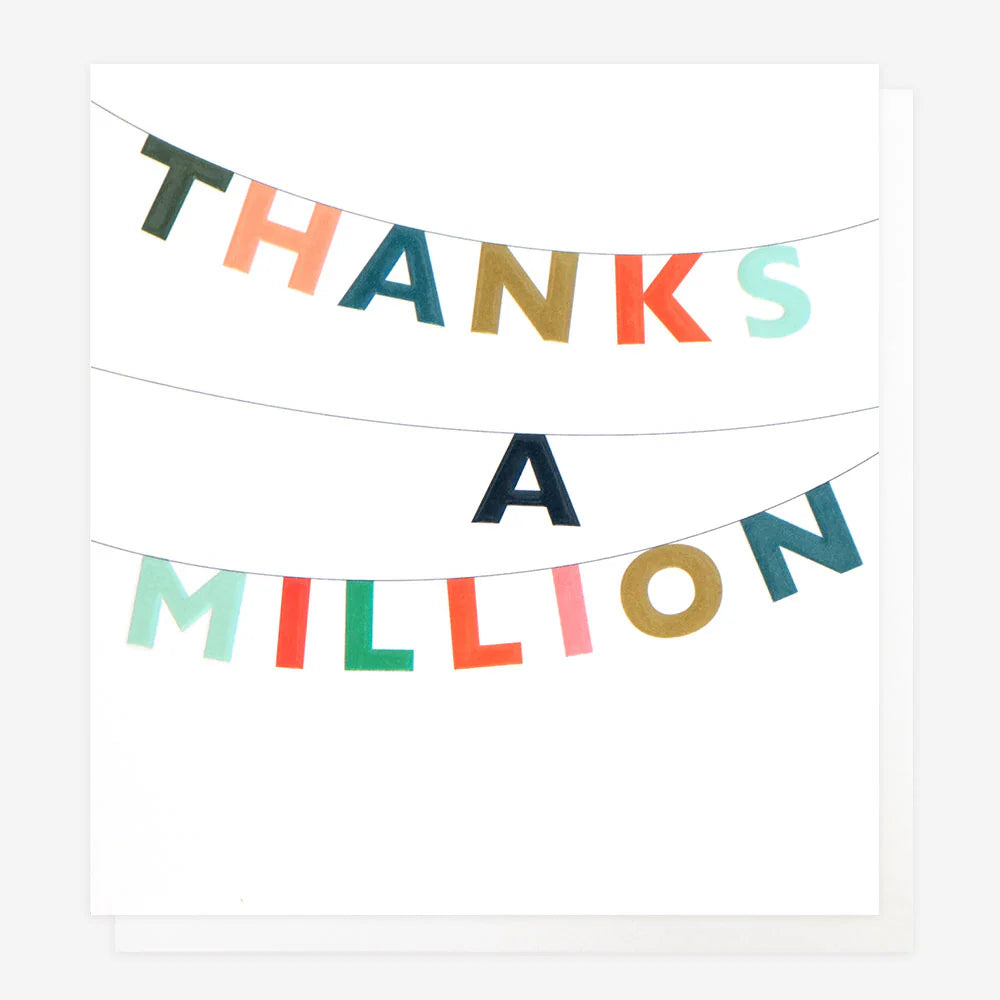 Caroline Gardner Thanks A Million bunting with colorful letter flags hanging on a string, decorative home decor accessory.