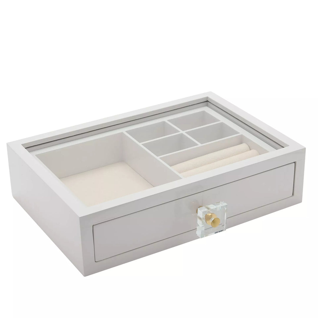 White wooden jewellery box with compartments and a drawer, by Widdop & Co, from Cornucopia Home and Gift, showing organized storage space.