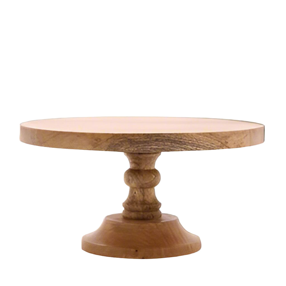 A round, natural wooden cake stand with a thick plinth base, positioned on a white background.