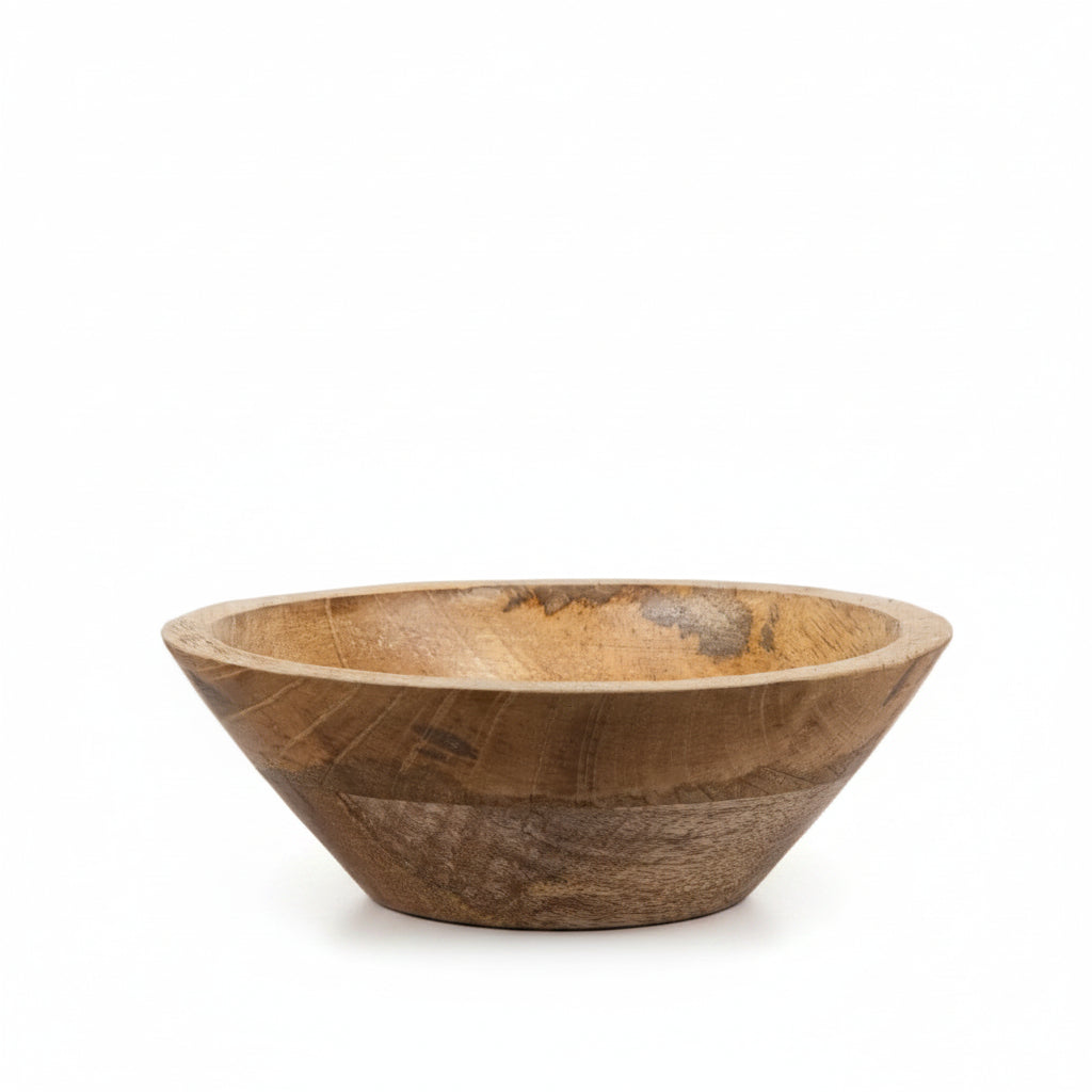 Wooden bowl on a wooden surface with a white background