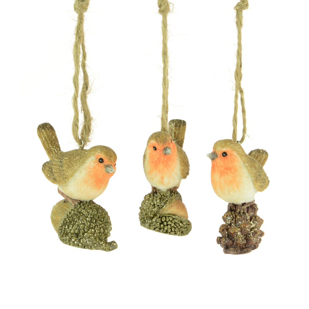 Assorted Robin Hangers in 6cm size from Floralsilk Christmas 2025 by Cornucopia Home and Gift, featuring decorative robin bird designs.