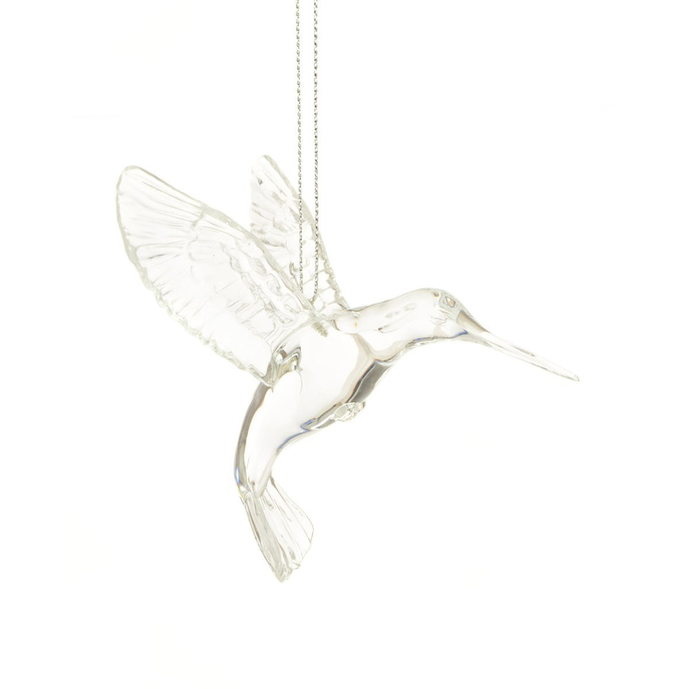 Clear hummingbird hanging decoration from Floralsilk Christmas 2025 by Cornucopia Home and Gift, with delicate glass-like design.