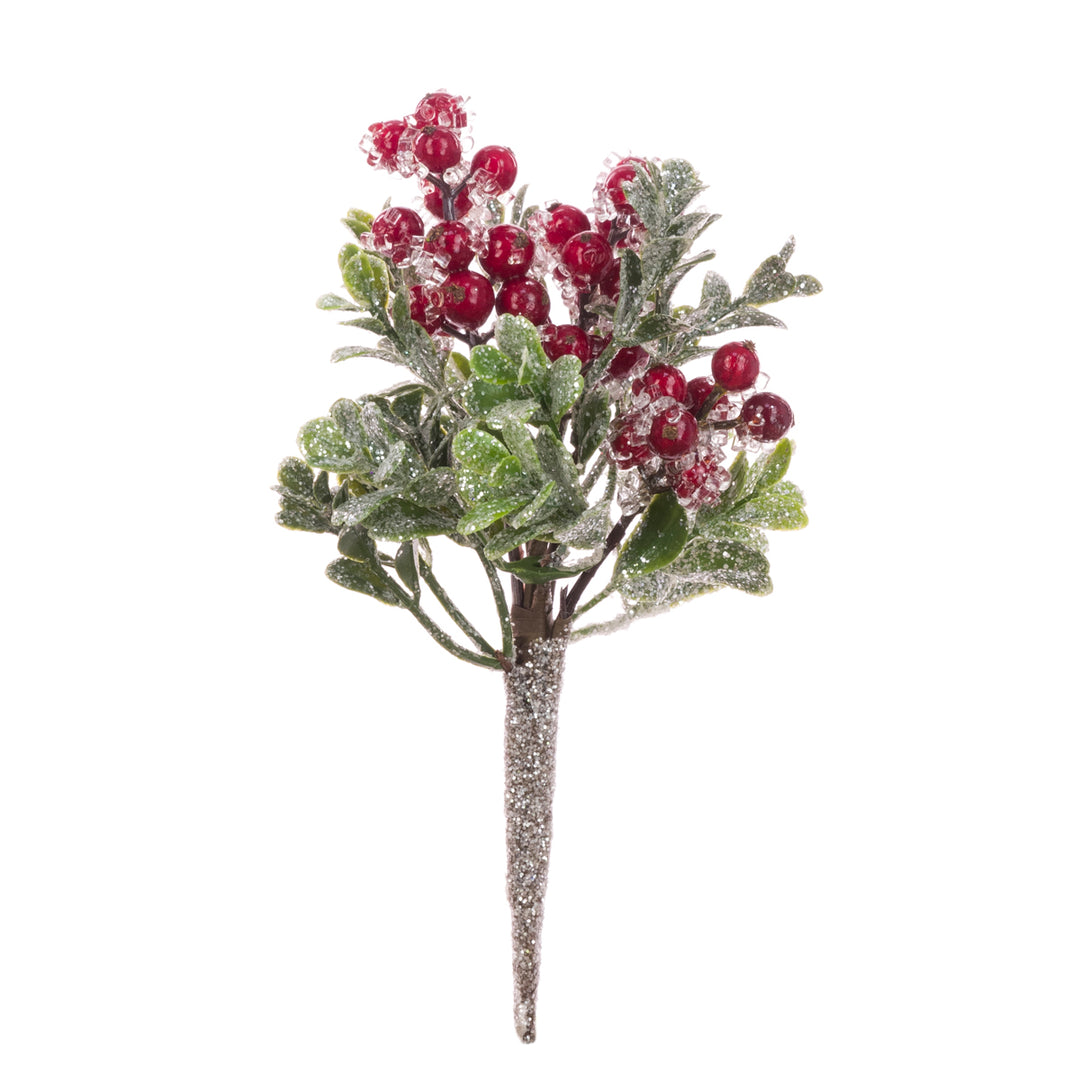 Red Iced Berry Boxwood Pick, 20cm floral silk Christmas decoration by Cornucopia Home and Gift, shown in the image.