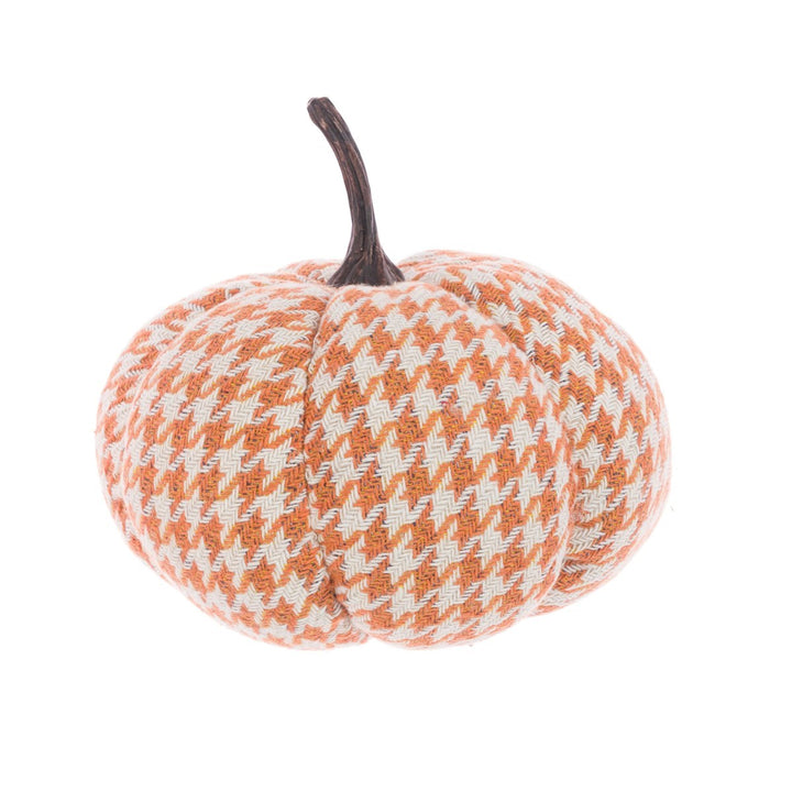 Houndstooth pumpkin decoration, 20cm, Floralsilk Halloween 2025 by Cornucopia Home and Gift, featuring black and orange houndstooth pattern.