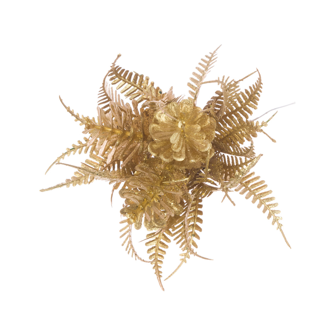Metallic pine cone pick from Floralsilk Christmas 2025 by Cornucopia Home and Gift, 20cm tall, with shiny gold finish and detailed texture.