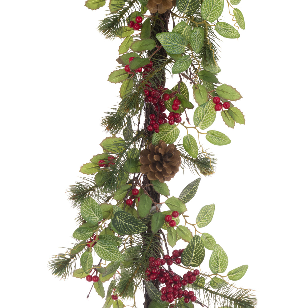 Red and green Oakham Garland, 152cm long, festive floral silk Christmas decoration by Cornucopia Home and Gift.