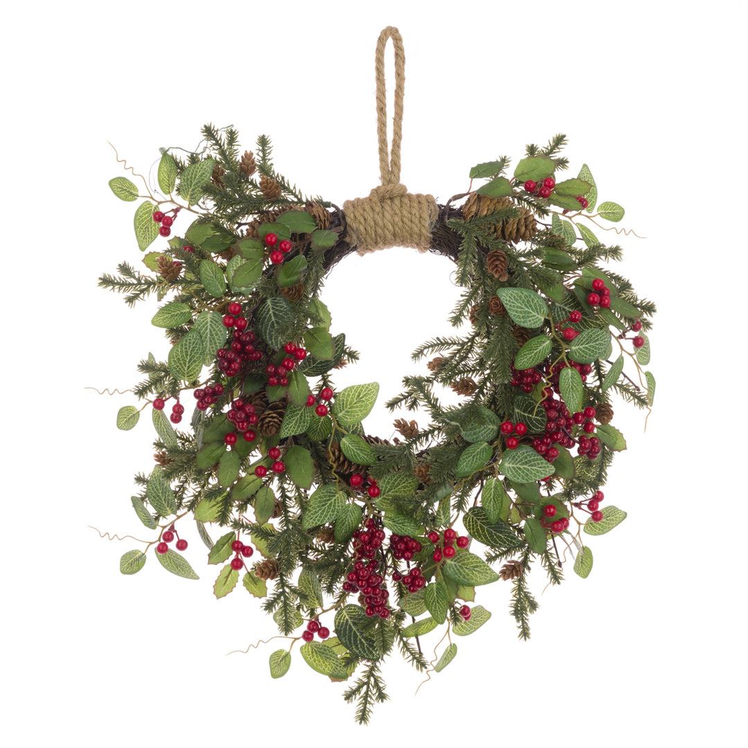 Red and green Oakham Jute Wreath with floral accents, 40cm, from Floralsilk Christmas 2025 by Cornucopia Home and Gift.
