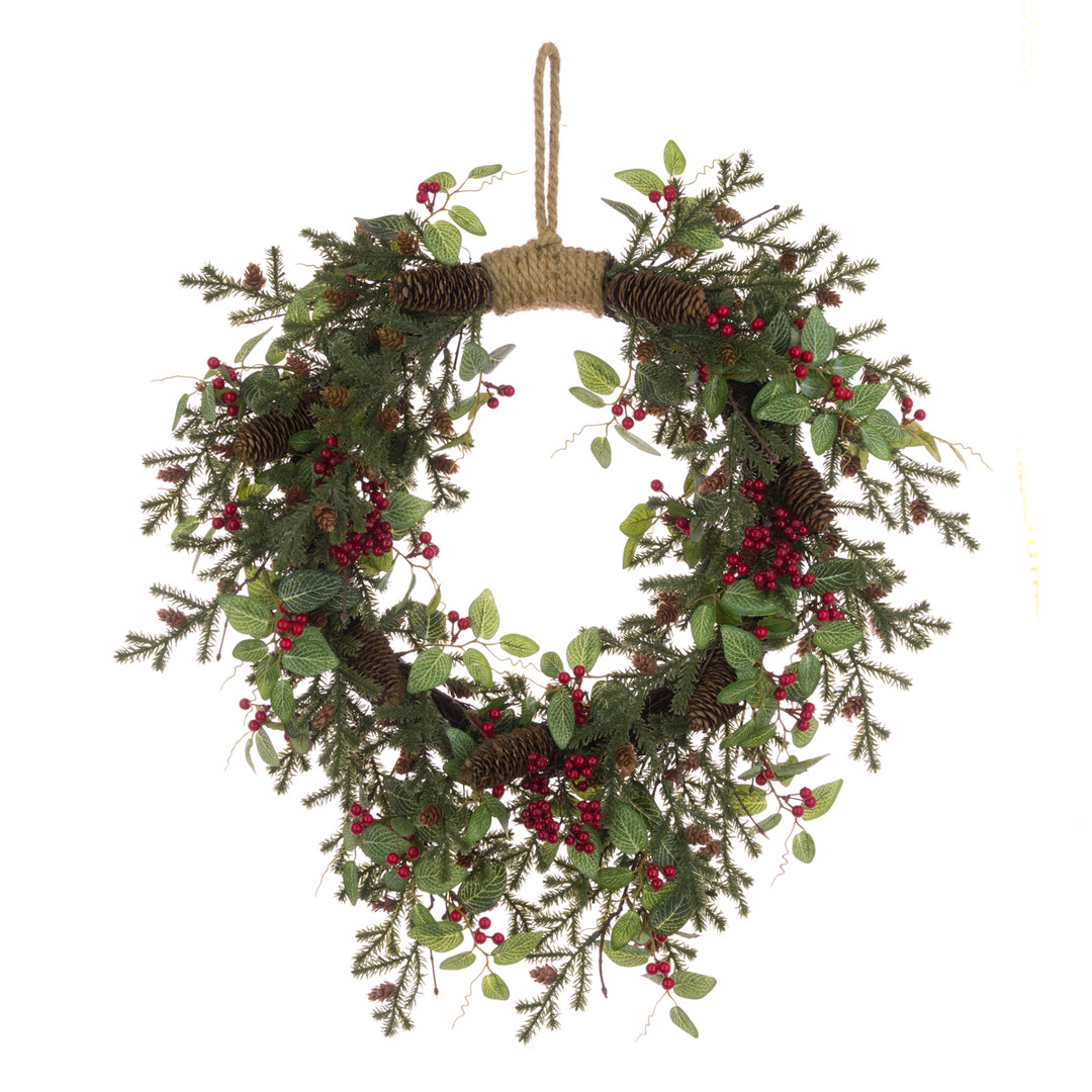 Red and green Oakham Jute Wreath, 56cm, with festive floralsilk accents, by Cornucopia Home and Gift for Christmas 2025.