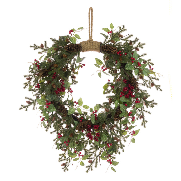 Red and green Oakham Jute Wreath, 56cm, with festive floralsilk accents, by Cornucopia Home and Gift for Christmas 2025.