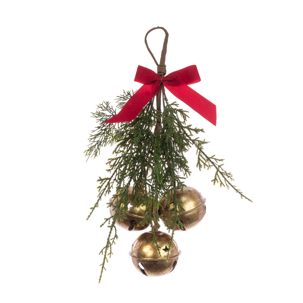 Decorative hanging bells with a bow, 36cm, from Floralsilk Christmas 2025 by Cornucopia Home and Gift, featuring festive floral accents.