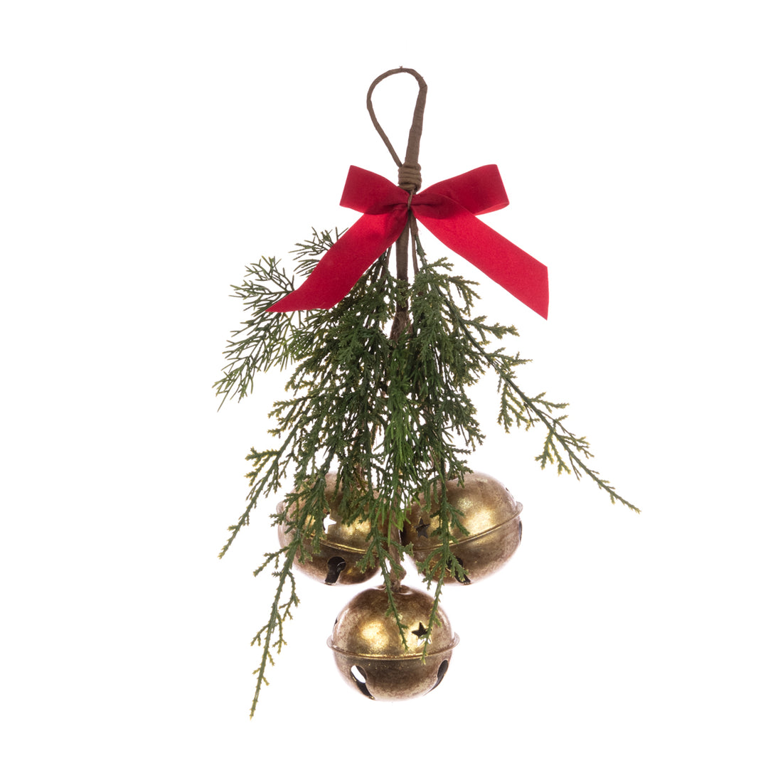 Decorative hanging bells with a bow, 36cm, from Floralsilk Christmas 2025 by Cornucopia Home and Gift, featuring festive floral accents.