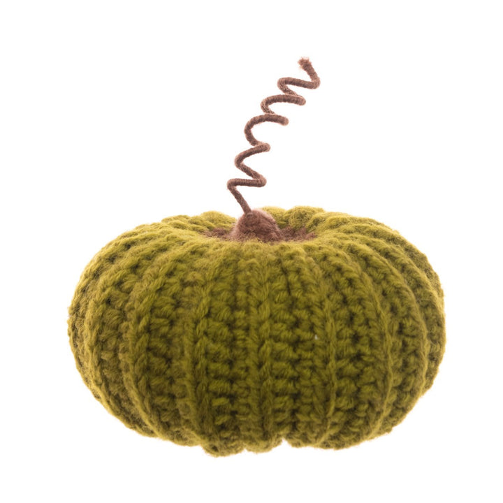 Green knitted pumpkin from Floralsilk Halloween 2025 by Cornucopia Home and Gift, showcasing detailed textured fabric and autumn-inspired design.