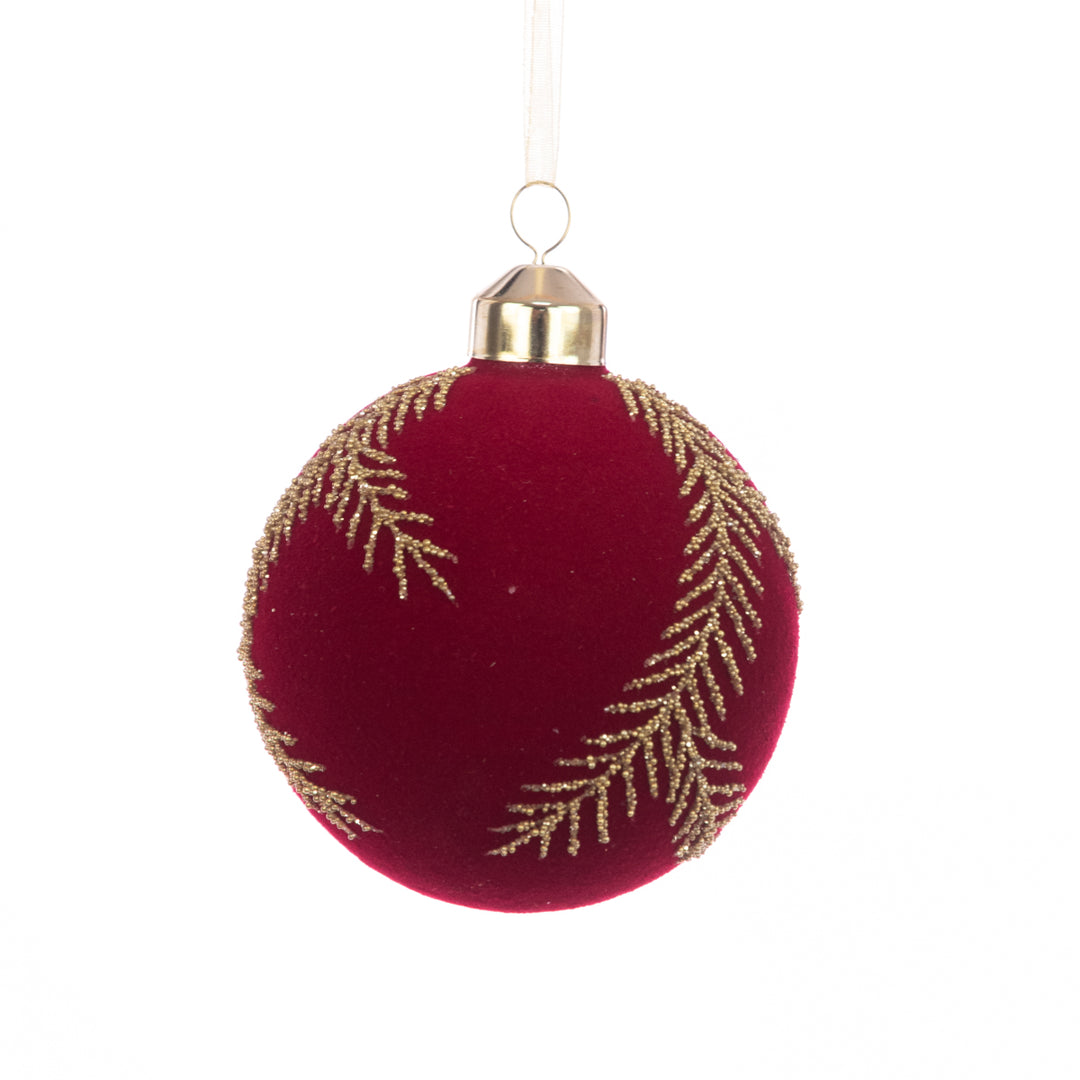 Red velvet Christmas bauble with gold details from Floralsilk Christmas 2025 by Cornucopia Home and Gift, decorated with festive gold accents.