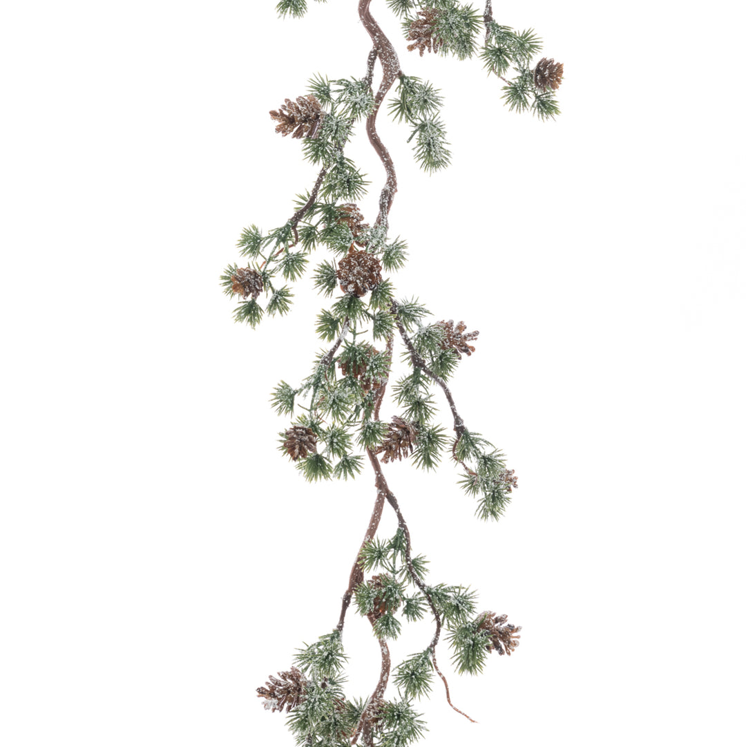 Snowy Mini Pine Cone Garland from Floralsilk Christmas 2025 by Cornucopia Home and Gift, featuring snow-dusted pine cones and greenery.
