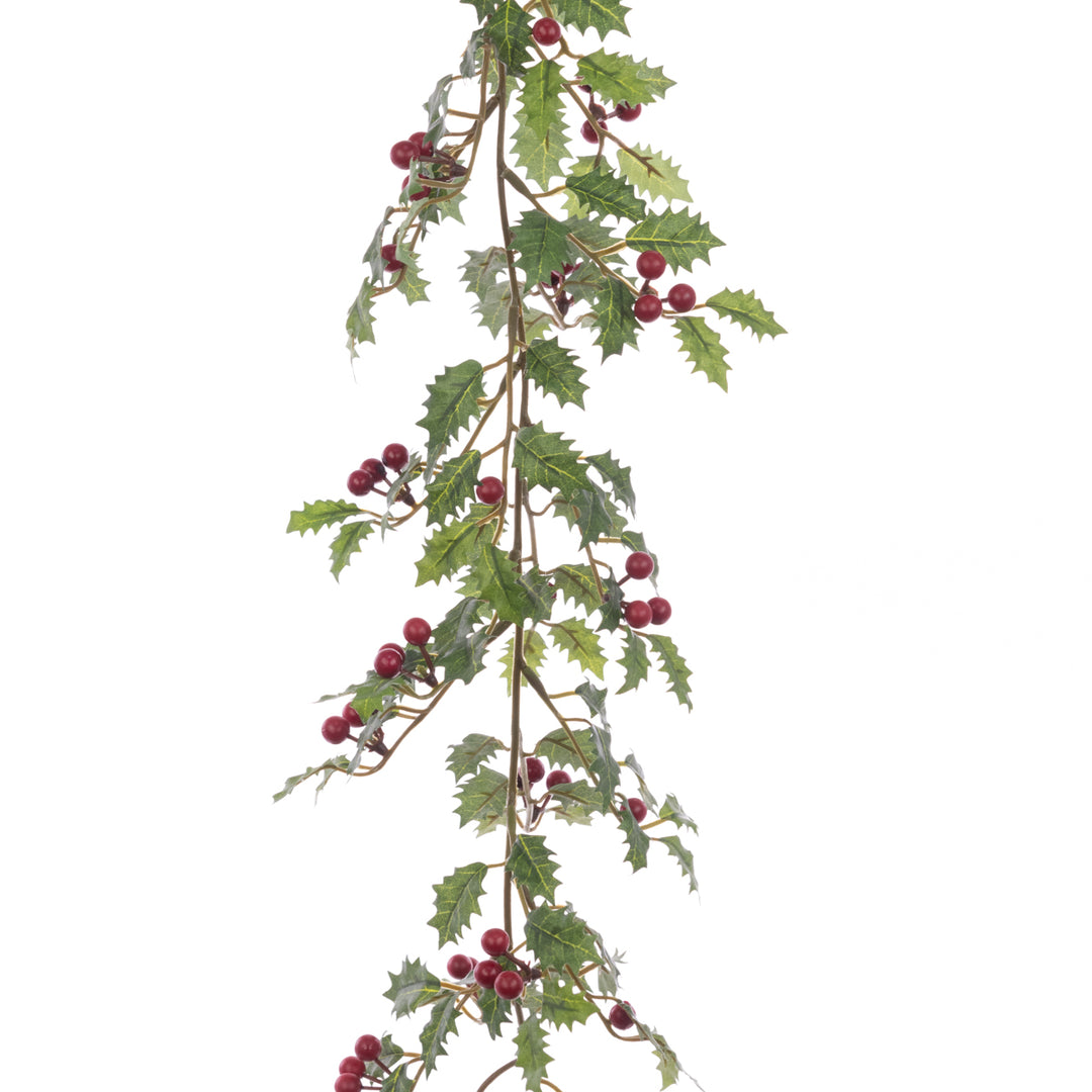 Red Holly with Berry Garland, 180cm floral silk Christmas decoration by Cornucopia Home and Gift.