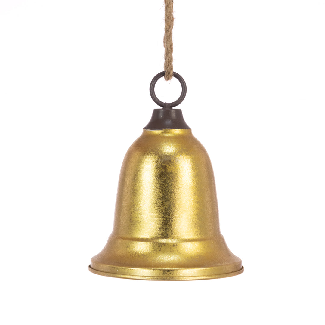 Gold metal bell hanger measuring 20cm from Floralsilk Christmas 2025, designed by Cornucopia Home and Gift.