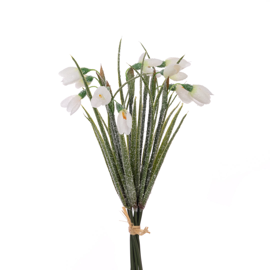 Frosted Snowdrop Bundle, 30cm, Floralsilk Christmas floral arrangement by Cornucopia Home and Gift with frosted snowdrop blooms.